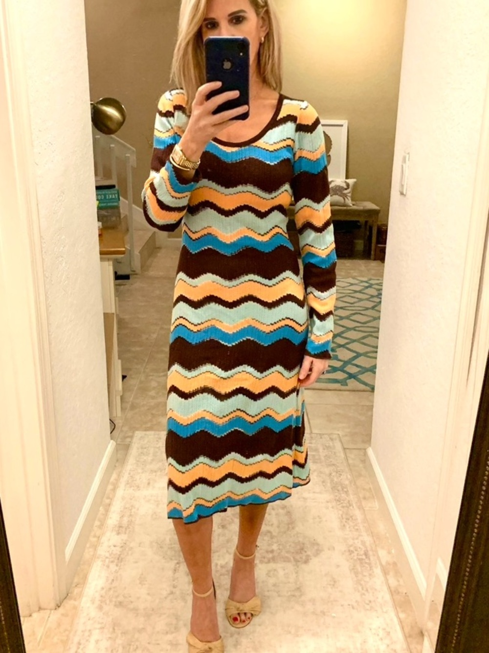Missoni Crocheted Blue Brown Orange Knit Sweater Dress